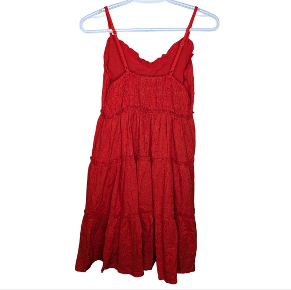 Sim & Sam Red Skinny Strap V Neck Eyelet Tiered Dress Woman Medium - Picture 2 of 9